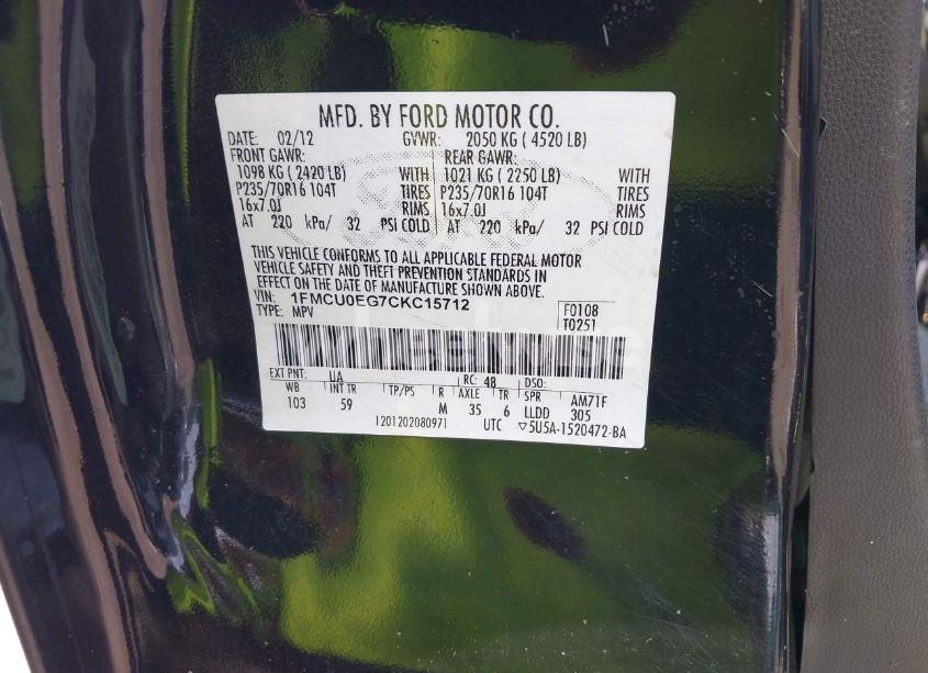 Photo 9 of 2012 Ford Escape LIMITED (VIN 1FMCU0EG7CKC15712)