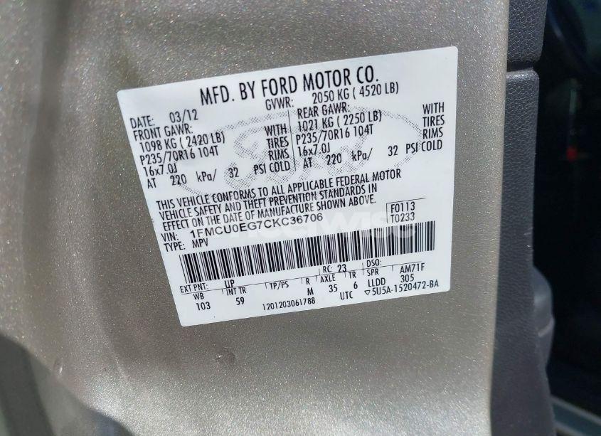 Photo 9 of 2012 Ford Escape LIMITED (VIN 1FMCU0EG7CKC36706)