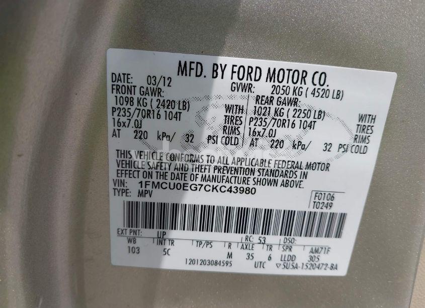 Photo 9 of 2012 Ford Escape LIMITED (VIN 1FMCU0EG7CKC43980)