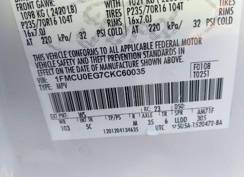 Photo 9 of 2012 Ford Escape LIMITED (VIN 1FMCU0EG7CKC60035)