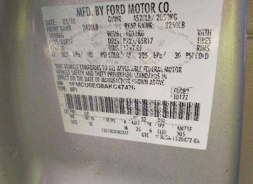 Photo 9 of 2010 Ford Escape LIMITED (VIN 1FMCU0EG8AKC47470)