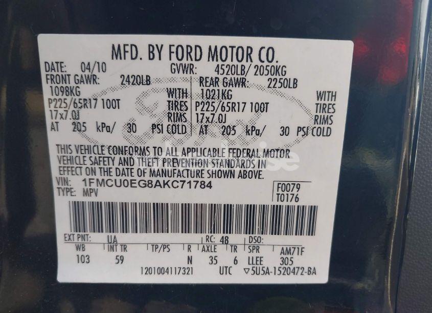 Photo 9 of 2010 Ford Escape LIMITED (VIN 1FMCU0EG8AKC71784)