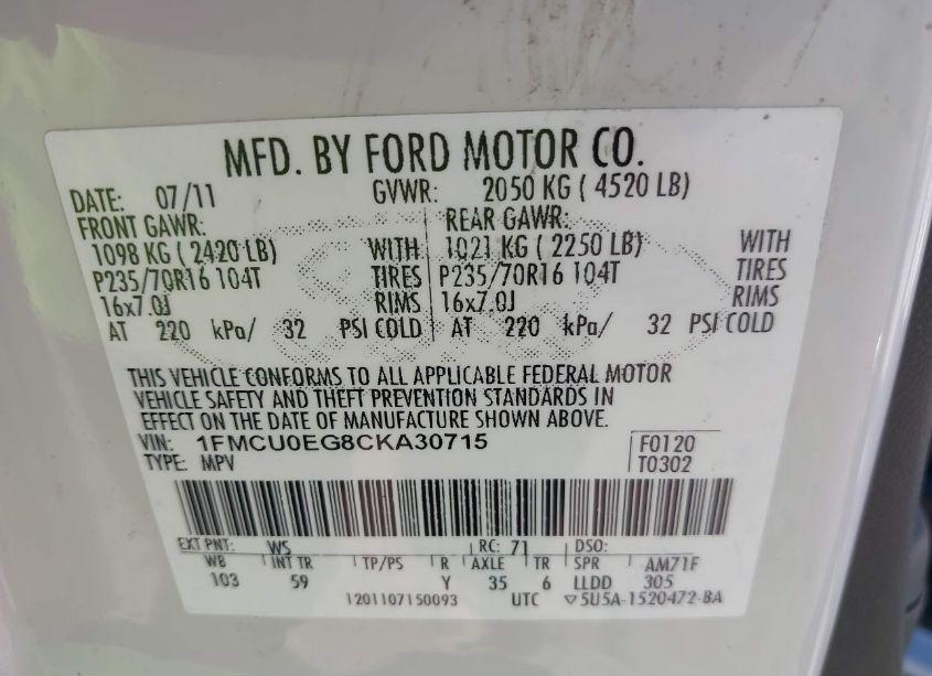 Photo 9 of 2012 Ford Escape LIMITED (VIN 1FMCU0EG8CKA30715)