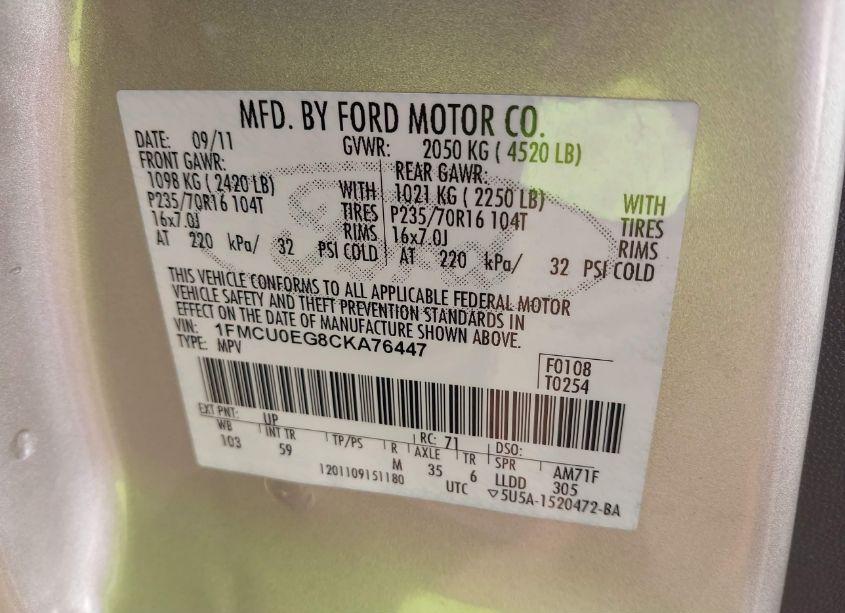 Photo 9 of 2012 Ford Escape LIMITED (VIN 1FMCU0EG8CKA76447)