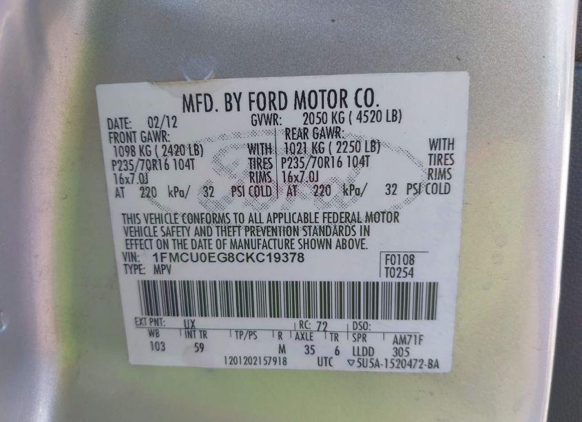 Photo 9 of 2012 Ford Escape LIMITED (VIN 1FMCU0EG8CKC19378)