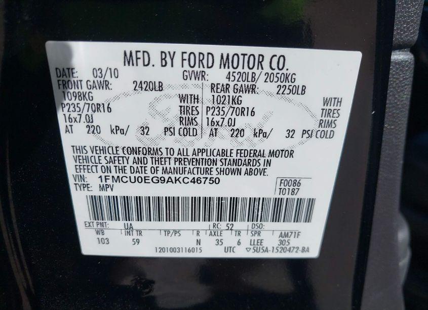 Photo 9 of 2010 Ford Escape LIMITED (VIN 1FMCU0EG9AKC46750)