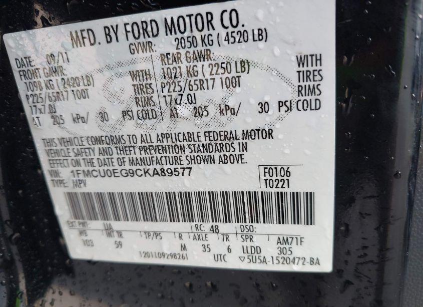 Photo 9 of 2012 Ford Escape LIMITED (VIN 1FMCU0EG9CKA89577)