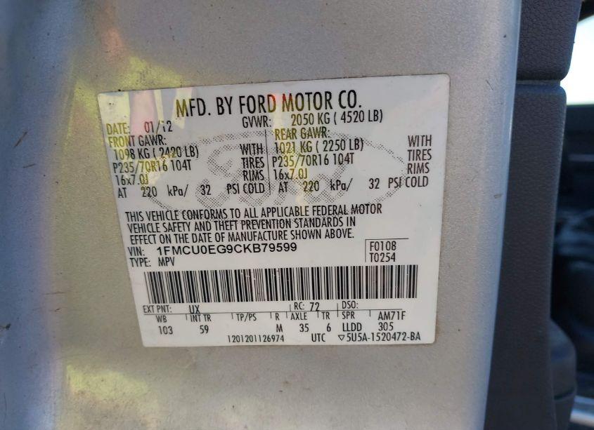 Photo 9 of 2012 Ford Escape LIMITED (VIN 1FMCU0EG9CKB79599)