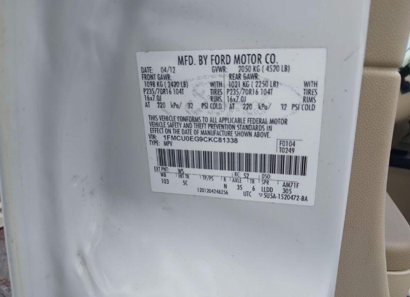 Photo 9 of 2012 Ford Escape LIMITED (VIN 1FMCU0EG9CKC81338)