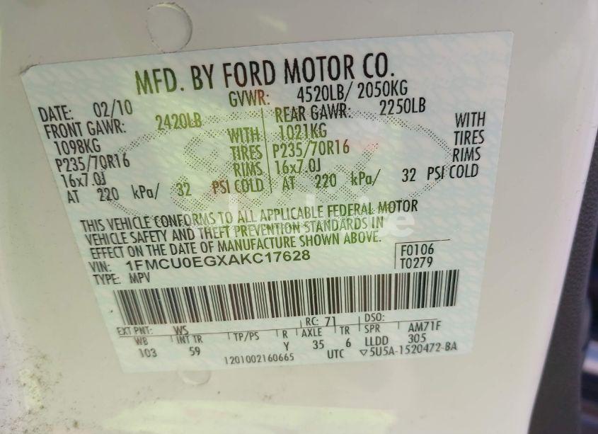 Photo 9 of 2010 Ford Escape LIMITED (VIN 1FMCU0EGXAKC17628)