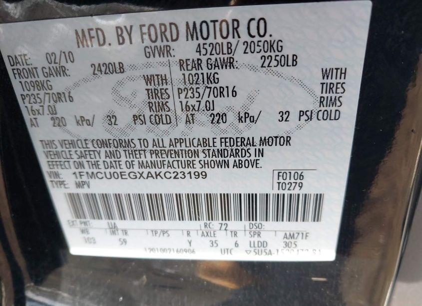 Photo 9 of 2010 Ford Escape LIMITED (VIN 1FMCU0EGXAKC23199)