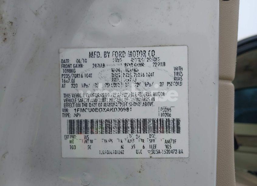 Photo 9 of 2010 Ford Escape LIMITED (VIN 1FMCU0EGXAKD30981)