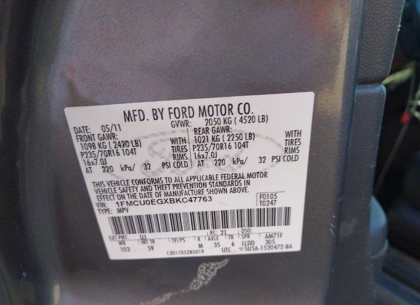 Photo 9 of 2011 Ford Escape LIMITED (VIN 1FMCU0EGXBKC47763)