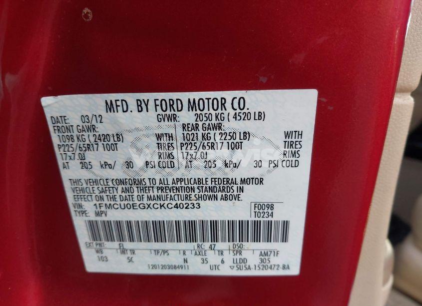 Photo 9 of 2012 Ford Escape LIMITED (VIN 1FMCU0EGXCKC40233)