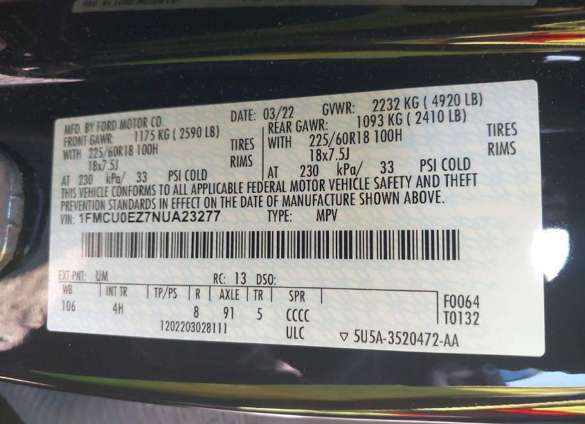 Photo 9 of 2022 Ford Escape SE PLUG-IN HYBRID (VIN 1FMCU0EZ7NUA23277)