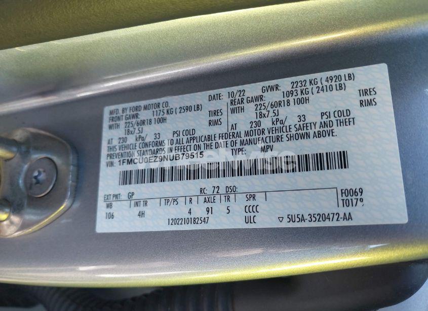 Photo 9 of 2022 Ford Escape SE PLUG-IN HYBRID (VIN 1FMCU0EZ9NUB79515)