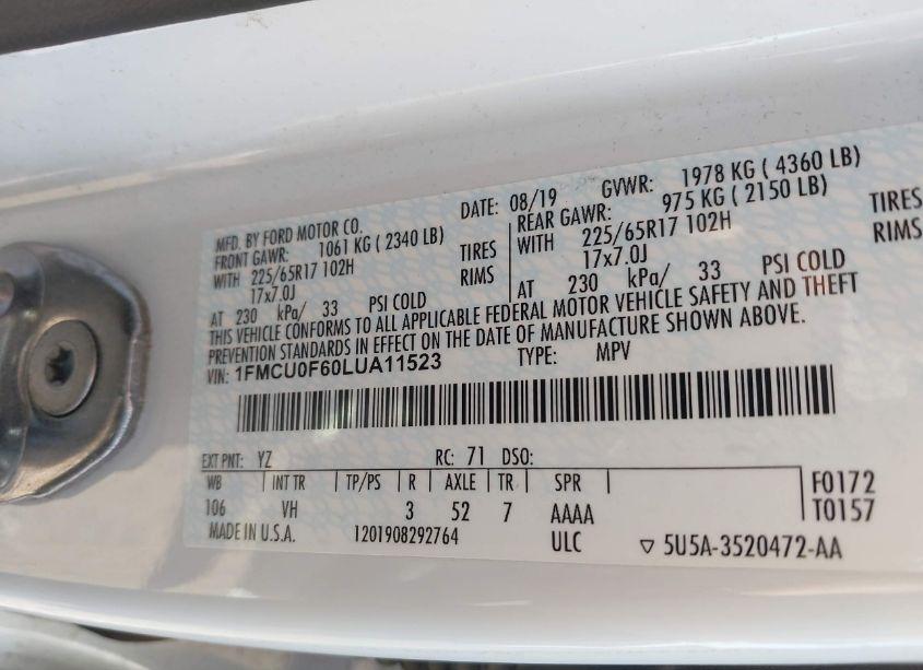 Photo 9 of 2020 Ford Escape S (VIN 1FMCU0F60LUA11523)