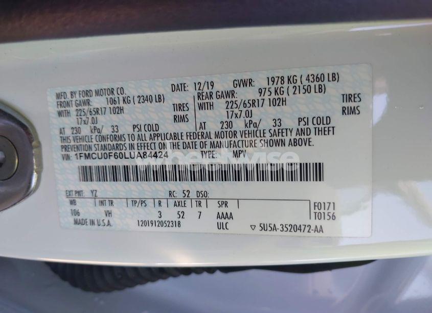 Photo 9 of 2020 Ford Escape S (VIN 1FMCU0F60LUA84424)