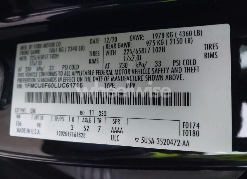 Photo 9 of 2020 Ford Escape S (VIN 1FMCU0F60LUC61716)