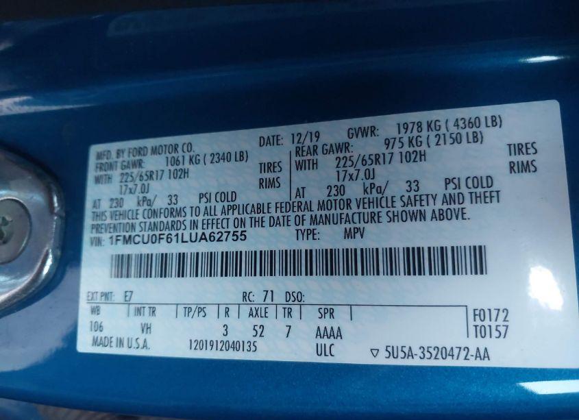 Photo 9 of 2020 Ford Escape S (VIN 1FMCU0F61LUA62755)