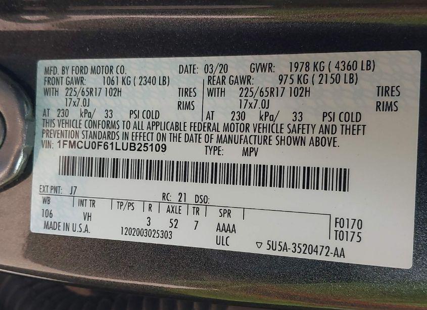 Photo 9 of 2020 Ford Escape S (VIN 1FMCU0F61LUB25109)