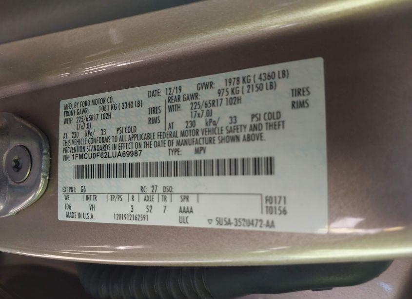 Photo 9 of 2020 Ford Escape S (VIN 1FMCU0F62LUA69987)