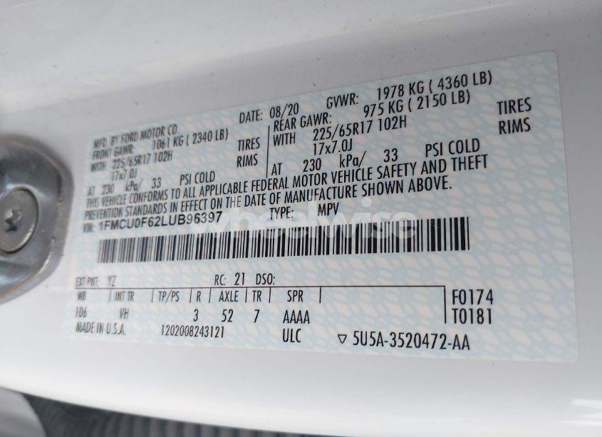 Photo 9 of 2020 Ford Escape S (VIN 1FMCU0F62LUB96397)