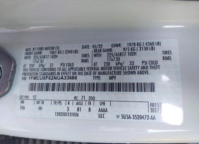 Photo 5 of 2022 Ford Escape S (VIN 1FMCU0F62NUA33686)