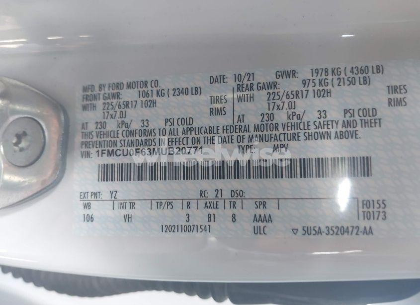 Photo 9 of 2021 Ford Escape S (VIN 1FMCU0F63MUB20771)