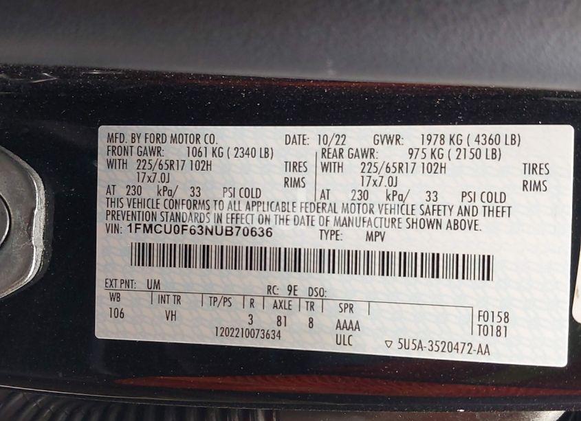 Photo 9 of 2022 Ford Escape S (VIN 1FMCU0F63NUB70636)