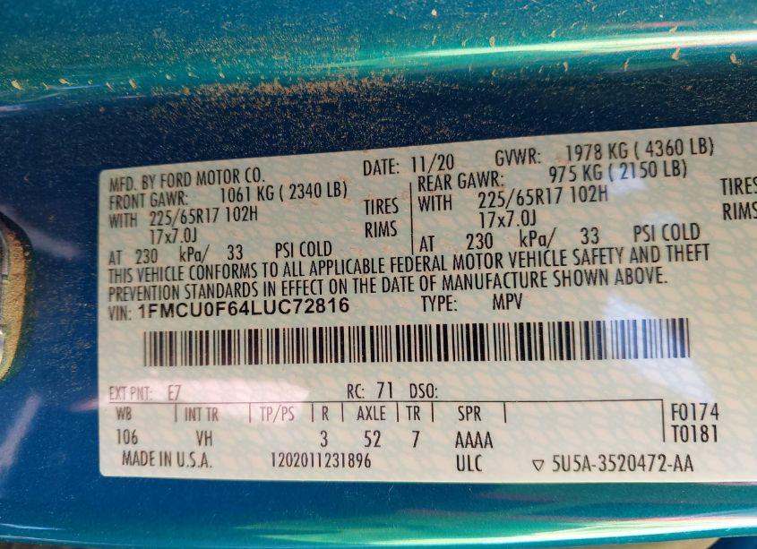 Photo 9 of 2020 Ford Escape S (VIN 1FMCU0F64LUC72816)