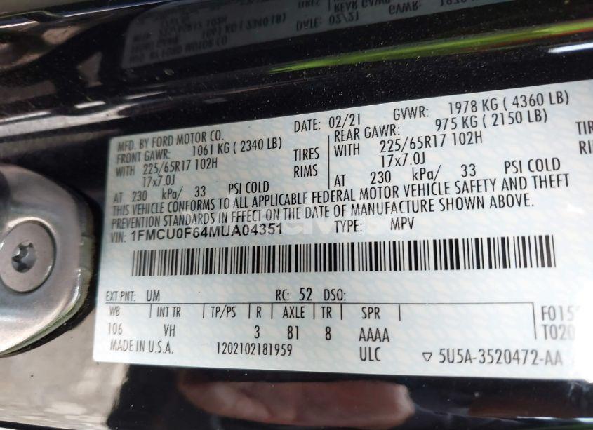 Photo 9 of 2021 Ford Escape S (VIN 1FMCU0F64MUA04351)