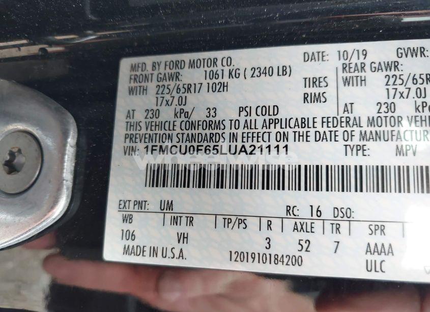 Photo 9 of 2020 Ford Escape S (VIN 1FMCU0F65LUA21111)