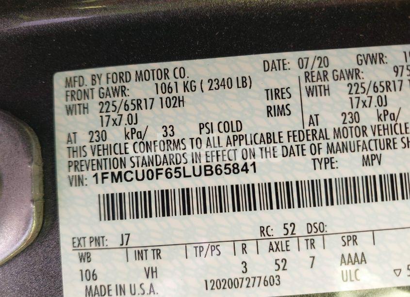 Photo 9 of 2020 Ford Escape S (VIN 1FMCU0F65LUB65841)