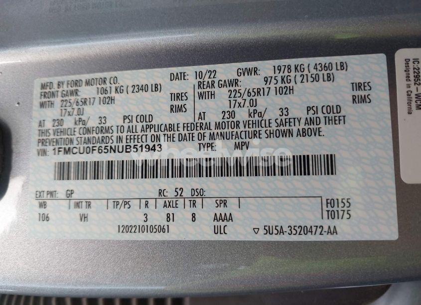 Photo 9 of 2022 Ford Escape S (VIN 1FMCU0F65NUB51943)