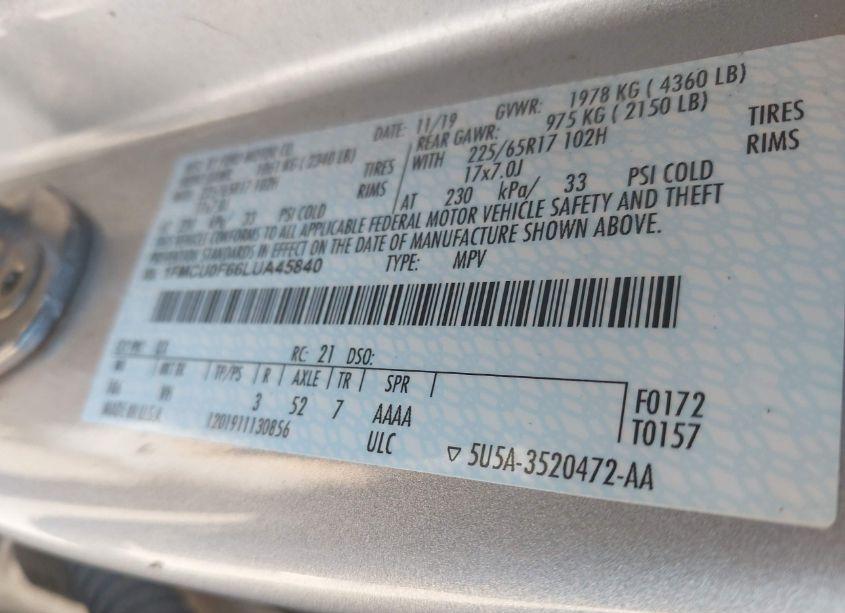 Photo 9 of 2020 Ford Escape S (VIN 1FMCU0F66LUA45840)