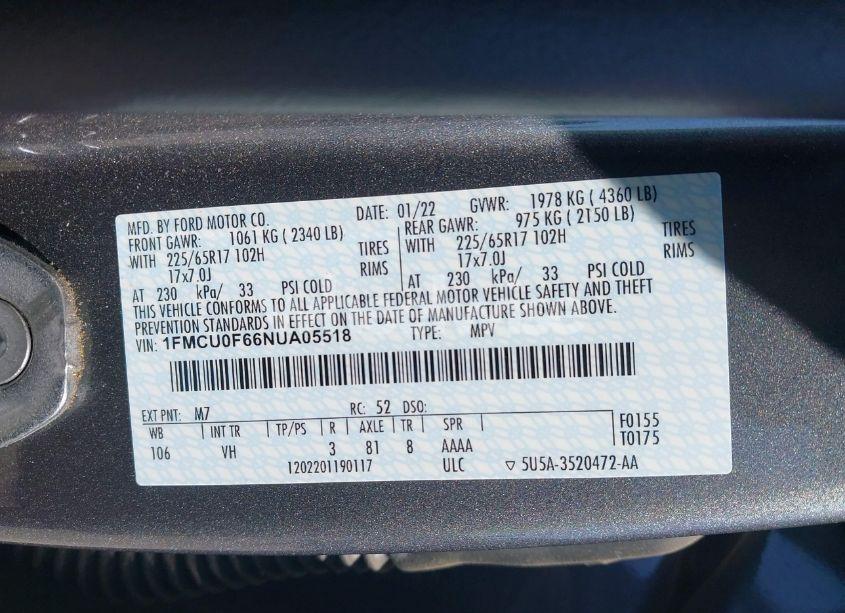 Photo 9 of 2022 Ford Escape S (VIN 1FMCU0F66NUA05518)