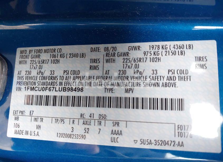 Photo 9 of 2020 Ford Escape S (VIN 1FMCU0F67LUB98498)