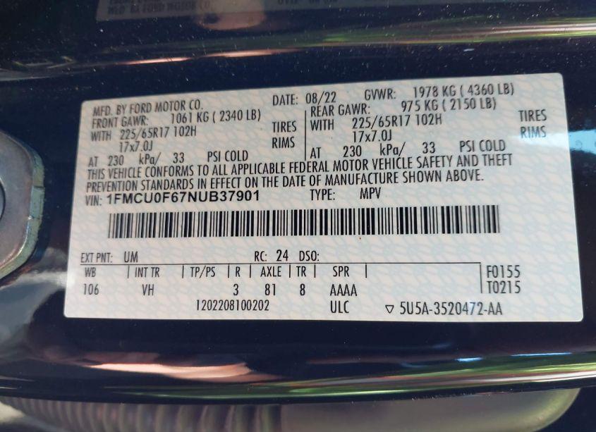 Photo 9 of 2022 Ford Escape S (VIN 1FMCU0F67NUB37901)