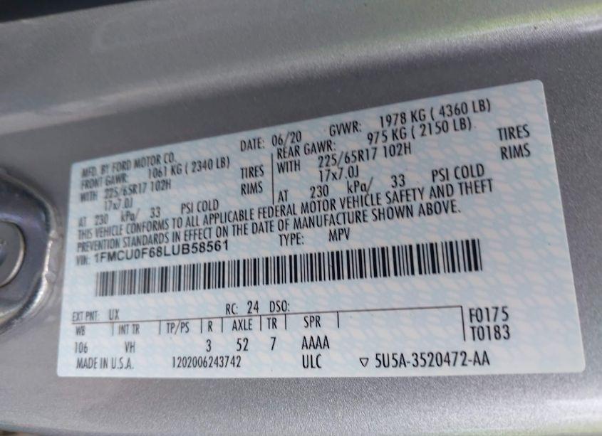 Photo 9 of 2020 Ford Escape S (VIN 1FMCU0F68LUB58561)