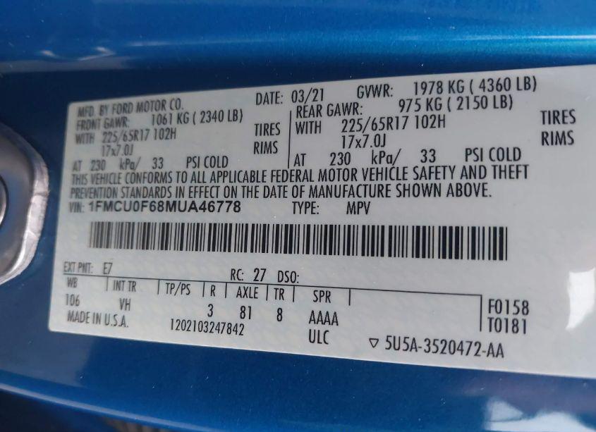 Photo 9 of 2021 Ford Escape S (VIN 1FMCU0F68MUA46778)