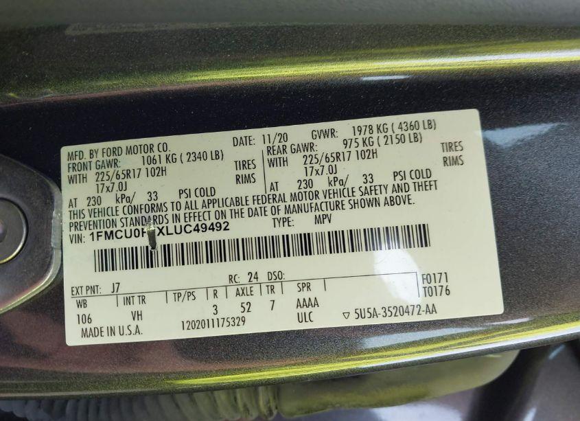 Photo 9 of 2020 Ford Escape S (VIN 1FMCU0F6XLUC49492)