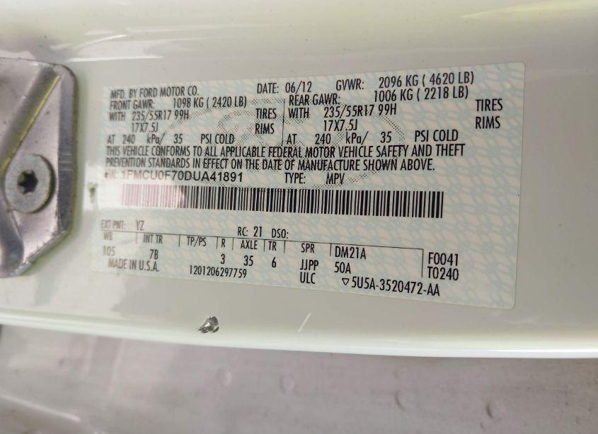 Photo 9 of 2013 Ford Escape S (VIN 1FMCU0F70DUA41891)