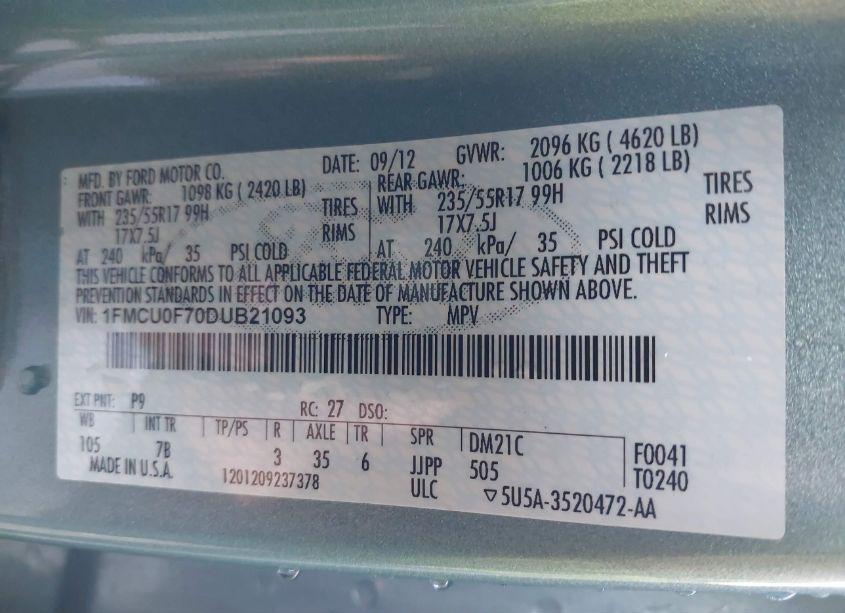 Photo 9 of 2013 Ford Escape S (VIN 1FMCU0F70DUB21093)