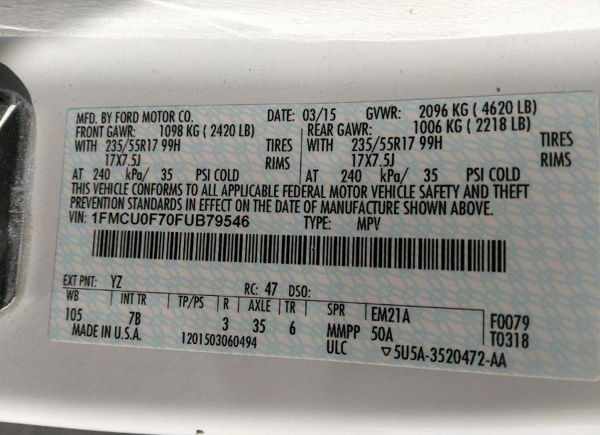 Photo 9 of 2015 Ford Escape S (VIN 1FMCU0F70FUB79546)