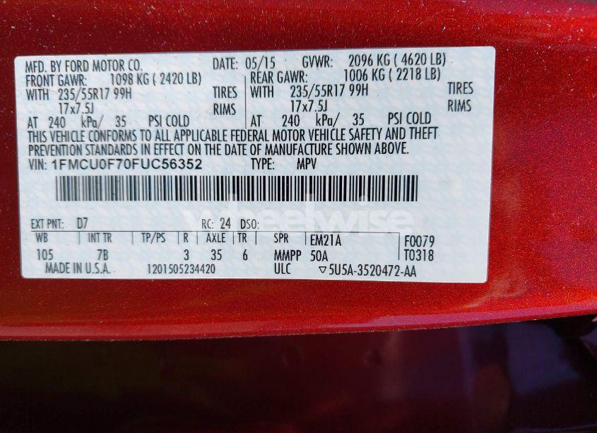 Photo 9 of 2015 Ford Escape S (VIN 1FMCU0F70FUC56352)