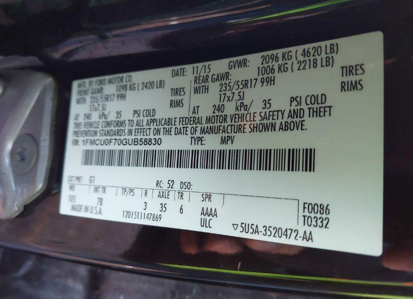 Photo 9 of 2016 Ford Escape S (VIN 1FMCU0F70GUB58830)