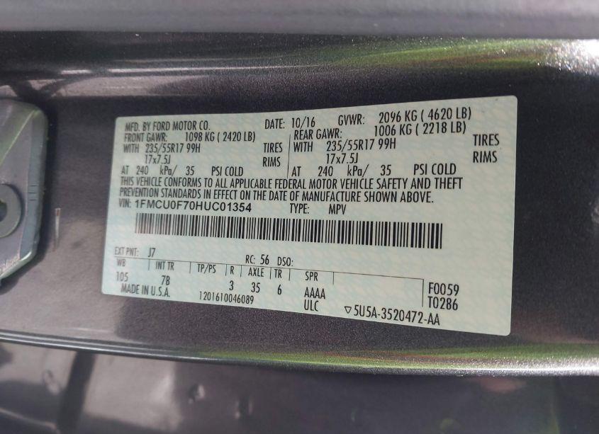 Photo 9 of 2017 Ford Escape S (VIN 1FMCU0F70HUC01354)