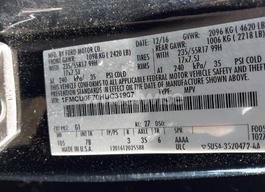 Photo 9 of 2017 Ford Escape S (VIN 1FMCU0F70HUC31907)