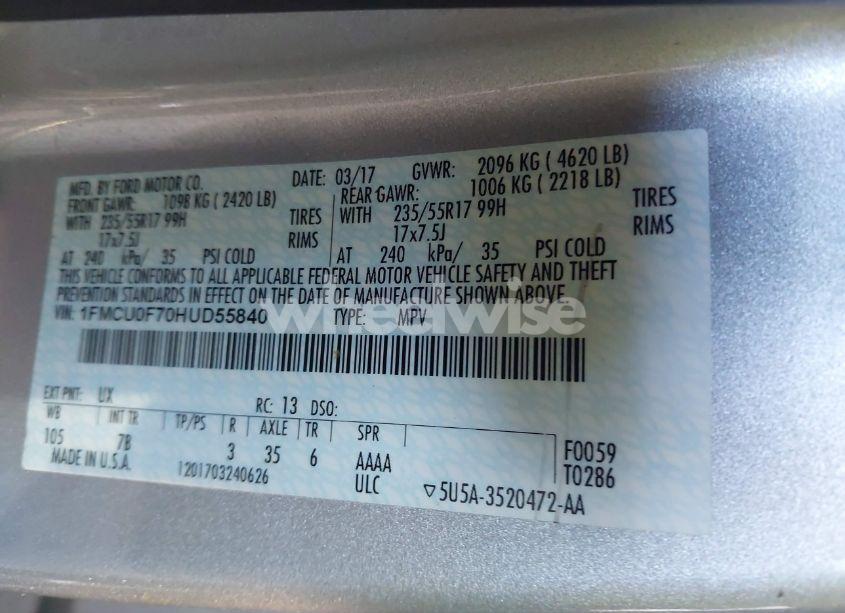 Photo 9 of 2017 Ford Escape S (VIN 1FMCU0F70HUD55840)